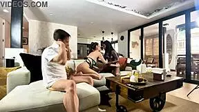 Interracial lesbian ebony teen threesome with Briseida Myers shakes asses hard