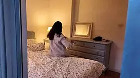 Stepmom leaves door open revealing her huge hairy pussy lips in the bedroom voyeur style.