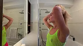 Raver blonde flashes hairy pussy beaver and naked ass stripping slutty festival stockings