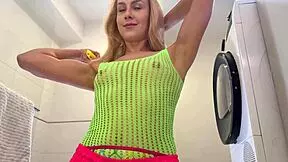 Raver blonde flashes hairy pussy beaver and naked ass stripping slutty festival stockings