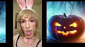 Shemale in sexy Halloween costume strokes monster cock to massive cumshot