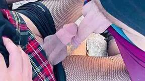 curious white boy drops to knees slurping shemale cock outdoors