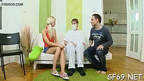 Two studs drill J babe's perfect pussy hard!