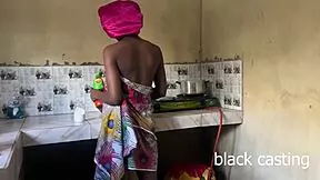 Skinny ebony maid petite narrow ass rides monster BBC kitchen interview while wife away crazy riding