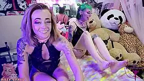 Riley Cyriis and petite toy slut fuck shaved pussies with dildos in bed