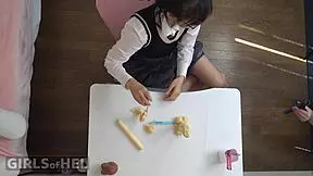 Naughty Asian student obsessed with huge cocks teases wet shaved pussy solo