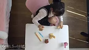 Naughty Asian student obsessed with huge cocks teases wet shaved pussy solo