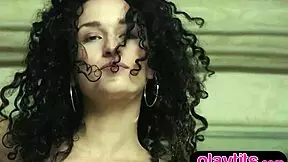 Petite Hungarian babe spreads legs flashing hairy pussy and small perky tits