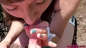 cute girl sucks big stranger cock public outdoor cumshot mouth closeup homemade