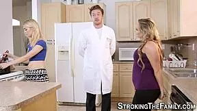 two stocking stepdaughters share milf cock