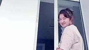 this geeky college coed fingers her shaved pussy and clit outdoors getting super wet