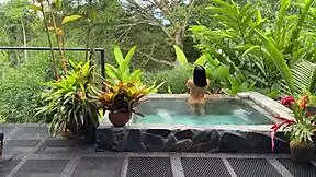 my tall colombian neighbor with big tits fucks me hard in his outdoor jacuzzi pool