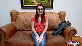 nerdy redhead dezi rae fingers her pussy then deepthroats juicy cock