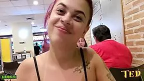 brazilian babe flashes her natural tits and pussy snacking at mcdonald's outdoors