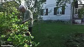 old man catches the couple mid-anal and jumps in for rough outdoor action
