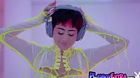 Latina teen Mia Valentine strips stockings nude for big tits striptease DJ tease