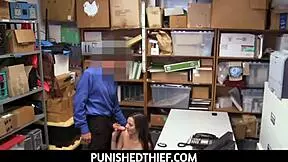 Sneaky teen shoplifter's big natural tits tempt the mall cop's punishment