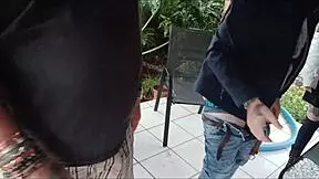 stepsis virgin pussy gets fucked by horny stepbro while friend jerks off cumming on her natural tits mmf outdoor!