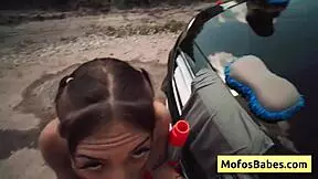 you want this busty blonde teen sucking your huge cock at car wash?