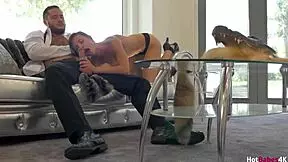 Dark Haired Aidra Fox Fingers Shaved Pussy Then Rides BF's Big Cock Doggystyle