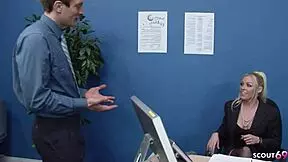 Blonde cougar boss in lingerie and stockings seduces coworker for risky office blowjob deepthroat riding doggystyle cumshot on first day 😈💦👅