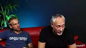 Black-haired Jasmine Lau's MMF threesome with old young guys