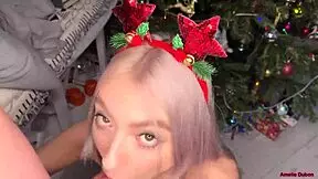 Whoa sexy blonde babe Amelie Dubon slurps cock and takes facial cumshot closeup 🎄💦👅