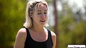 Why does swimming instructor crave licking petite blonde's shaved pussy by the outdoor pool bikini?