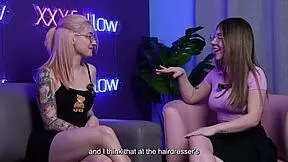 emma fiore gives sloppy blowjob with hot kisses flashing big tits in podcast interview