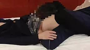 japanese schoolgirl cosplay miniskirt cutie gives blowjob pussy lick creampie on bed in uniform.