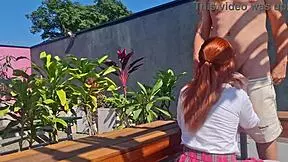 fucking this innocent redhead teen's tight pussy right in the garden