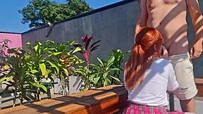 fucking this innocent redhead teen's tight pussy right in the garden
