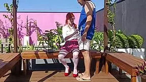 fucking this innocent redhead teen's tight pussy right in the garden
