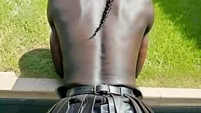 Ever dreamed of big ebony tits bursting from leather skirt in outdoor public sex?