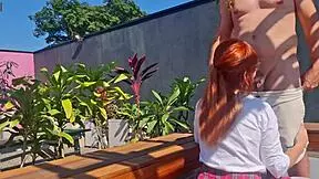 fucking this innocent redhead teen's tight pussy right in the garden