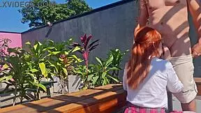 fucking this innocent redhead teen's tight pussy right in the garden