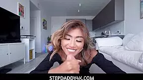 super cute stepdaughter sneaks into stepdaddy's room strips nude and rides his cock hard for quick cash payout