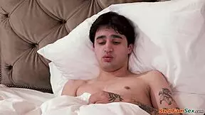 Mother-in-law wakes to suck young stud's morning wood deep