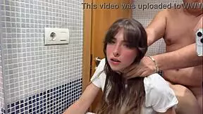 sweet hairy teen pussy creampied by stepdad in bathroom while friends wait in living room