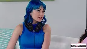 Busty brunette gamer gf spreads legs wide as her friend licks shaved pussy deep during fingering session