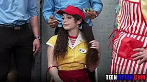 hey young thief gets gangbanged by cops in uniform 😈🍆 group orgy pounding her hard at the shop 💦🔥