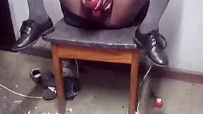 Watch this schoolgirl vibe her tight pussy while daddy strokes?