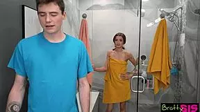 Nikki Nicole slurps shy stepbro's cock in shower.