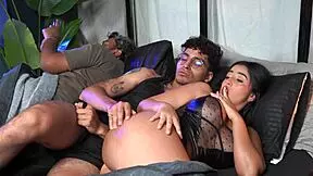 Young guy sneaks sex with tanned Colombian stepmom in bed while hubby sleeps