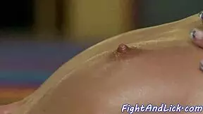 Young lesbians wrestle wildly before strapon pounding each other