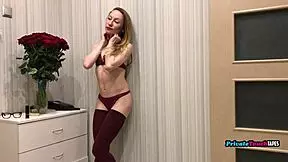 A horny Russian in red lingerie fingers her dripping pussy to intense solo climax