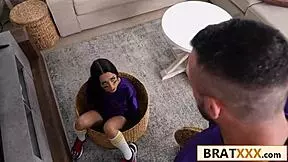 skinny tattooed babe rides stepdad's cock cowgirl after game day cheers