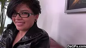 Cute brunette with glasses drops panties for a QUICKIE AUDITION on sofa