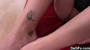 Cute brunette with glasses drops panties for a QUICKIE AUDITION on sofa