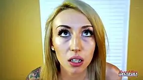 Skinny tattooed blonde Olyssia deepthroats toys anal bangs muff cum covered